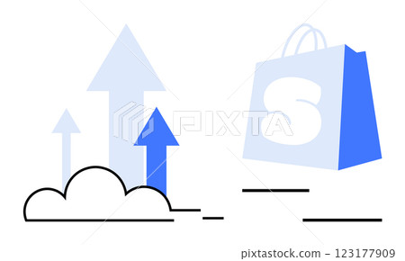 Bag with the letter S and arrows pointing upward, clouds below. Ideal for business growth, online shopping, success, e-commerce, upward trend. Simple and clean style 123177909