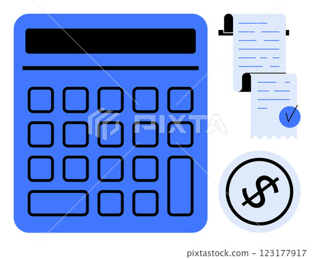 Large blue calculator alongside a rolled receipt and a dollar sign in a circle Ideal, for accounting finance budgeting calculation expense management bookkeeping vector style clear and simple 123177917