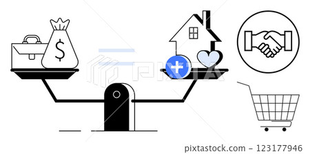 Scales balancing a money bag and suitcase with a house and heart. Symbols of equal sign, handshake, and shopping cart. Ideal for real estate, finance, business deals, emotional investment, property Scales balancing a money bag and suitcase with a house and heart. Symbols of equal sign, handshake, and shopping cart. Ideal for real estate, finance, business deals, emotional investment, property 123177946