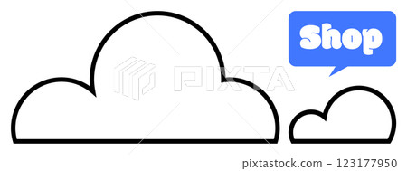 Black outlines of two clouds with different sizes are next to a blue speech bubble containing the word shop in white capital letters. Ideal for e-commerce, online stores, cloud services, marketing 123177950