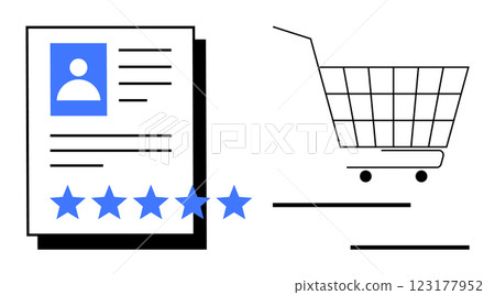 Blue profile with text lines and five stars next to a shopping cart. Ideal for e-commerce, customer reviews, online shopping, user ratings, digital marketing, web design. Simple flat style Blue profile with text lines and five stars next to a shopping cart. Ideal for e-commerce, customer reviews, online shopping, user ratings, digital marketing, web design. Simple flat style 123177952