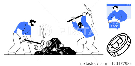 Two men using pickaxes to mine cryptocurrency. One figure holds a CASH BACK sign, a Bitcoin symbol is shown. Ideal for digital currency, financial activities, blockchain, investment concepts Two men using pickaxes to mine cryptocurrency. One figure holds a CASH BACK sign, a Bitcoin symbol is shown. Ideal for digital currency, financial activities, blockchain, investment concepts 123177982