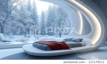 Modern bedroom interior with large window overlooking snowy forest landscape during winter 123178012