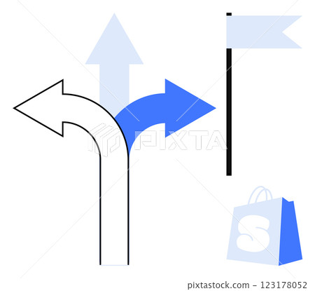 Three arrows pointing in different directions one flag on a pole and one shopping bag Ideal, for decision making navigation choices retail direction guidance and e-commerce themes Simple clean style Three arrows pointing in different directions one flag on a pole and one shopping bag Ideal, for decision making navigation choices retail direction guidance and e-commerce themes Simple clean style 123178052