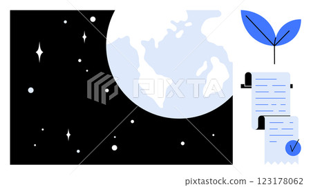Stylized Earth in space with scrolls and blue leaves. Ideal for environment, sustainability, certification, conservation, space exploration. Clean modern vector style 123178062