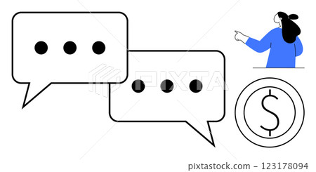 Two large speech bubbles with ellipses, a dollar sign coin, and a person pointing represent communication and monetary benefits. Ideal for finance, marketing, customer service, economics 123178094