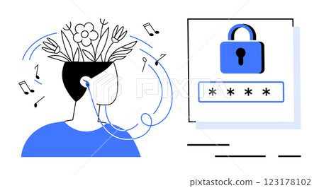 Person with earphones, plants, flowers, and musical notes, paired with a lock and password screen. Ideal for mental well-being, digital security, mindfulness, music therapy, and online privacy 123178102