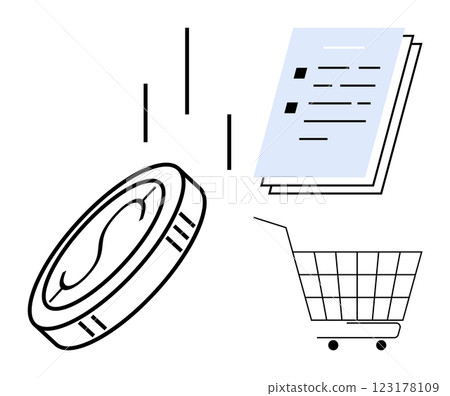 A minimalist style with a coin, document, and shopping cart. Ideal for finance, shopping, business, transactions, and commerce themes. Simple line drawings with blue and black color accentuations A minimalist style with a coin, document, and shopping cart. Ideal for finance, shopping, business, transactions, and commerce themes. Simple line drawings with blue and black color accentuations 123178109