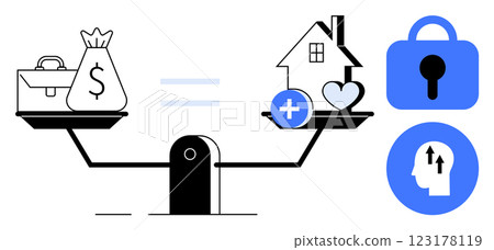 Set of scales balancing money bag and briefcase with house plus heart. Lock symbol and head icon with arrows. Ideal for financial balance, security, mental health, wellbeing, personal finance. Modern 123178119