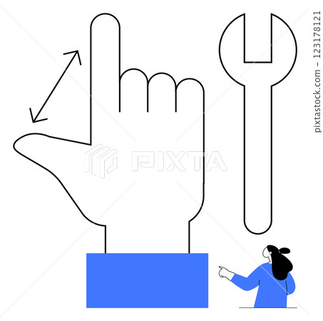 Large hand making a pointing gesture beside a wrench and a small person in blue pointing upwards. Ideal for DIY projects, tutorials, technical guides, repair services, home improvement. Minimalist 123178121