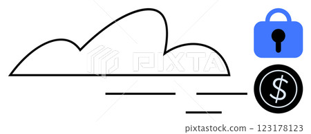Cloud icon with security lock and dollar symbol. Ideal for technology, security, finance, cloud services, and online transactions. Simple lines and clean design, vector style. Blue and black colours Cloud icon with security lock and dollar symbol. Ideal for technology, security, finance, cloud services, and online transactions. Simple lines and clean design, vector style. Blue and black colours 123178123