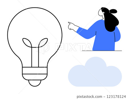 A simplistic image includes a woman pointing, a large light bulb, and a cloud. Ideal for innovation creativity problem-solving inspiration and technological advancements. Minimalistic and modern A simplistic image includes a woman pointing, a large light bulb, and a cloud. Ideal for innovation creativity problem-solving inspiration and technological advancements. Minimalistic and modern 123178124