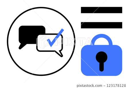 Two speech bubbles in circle, one with check mark, beside lock icon with equality sign. Ideal for secure communication, message verification, privacy, encryption, and data protection. Simple flat Two speech bubbles in circle, one with check mark, beside lock icon with equality sign. Ideal for secure communication, message verification, privacy, encryption, and data protection. Simple flat 123178128