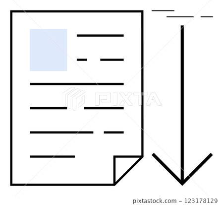 A document page with text lines and a blank area alongside a large downward arrow. Ideal for digital downloads file transfers data export online documents and user interfaces. Minimalist clean design 123178129