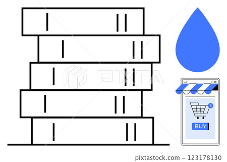 Stack of books, a blue water droplet symbol, and a mobile phone with an online shopping cart icon and Buy button. Modern, minimalist style. Ideal for e-commerce, education, technology, reading 123178130