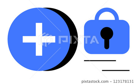 A blue lock next to a blue plus sign represents security and healthcare. Ideal for health apps, secure medical data, emergency services, digital health records and online medical support. Simple A blue lock next to a blue plus sign represents security and healthcare. Ideal for health apps, secure medical data, emergency services, digital health records and online medical support. Simple 123178131