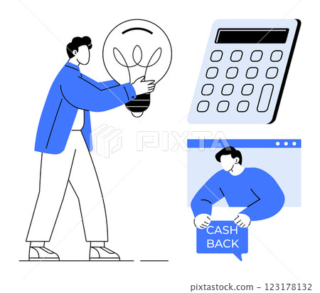 Person with light bulb representing ideas next to calculator and person with cash back offer. Ideal for finance, investment, savings, business startups, and innovation. Minimalist, modern, clean Person with light bulb representing ideas next to calculator and person with cash back offer. Ideal for finance, investment, savings, business startups, and innovation. Minimalist, modern, clean 123178132