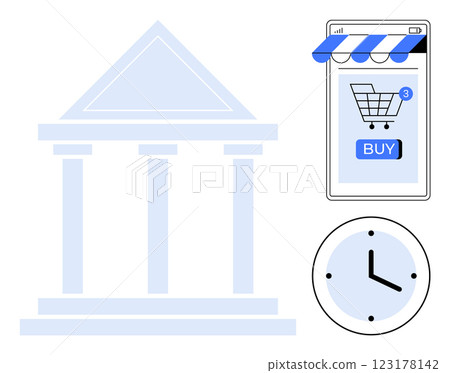 Building structure with columns, a mobile device displaying an online store with a shopping cart, and a clock. Ideal for ecommerce, online shopping, digital marketplace, mobile commerce, time Building structure with columns, a mobile device displaying an online store with a shopping cart, and a clock. Ideal for ecommerce, online shopping, digital marketplace, mobile commerce, time 123178142
