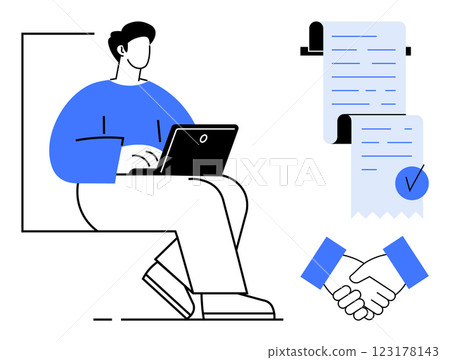 Person working on laptop with a rolled-up document, a checkmark, and a handshake. Ideal for business, remote work, contracts, agreements, and collaboration themes. Modern, clean, minimalist style Person working on laptop with a rolled-up document, a checkmark, and a handshake. Ideal for business, remote work, contracts, agreements, and collaboration themes. Modern, clean, minimalist style 123178143