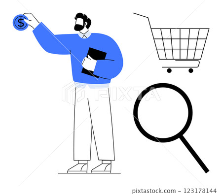 Businessman holding a coin alongside a shopping cart symbol and magnifying glass. Ideal for finance, e-commerce, business analysis, online shopping, and market research. Minimalistic modern style 123178144