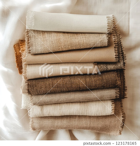 Top-down view of textile sample mockup with neatly arranged fabric swatches in warm, earthy tones, soft natural light, and an elegant, sophisticated presentation. 123178165