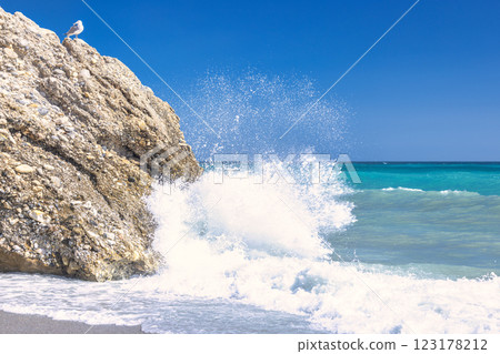 Nerja town, a resort of The Costa del Sol seaside region in Andalusia in the south of Spain. Ocean wave crashing against a rock, bird perched above. Stunning coastal scene. Nerja town, a resort of The Costa del Sol seaside region in Andalusia in the south of Spain. Ocean wave crashing against a rock, bird perched above. Stunning coastal scene. 123178212