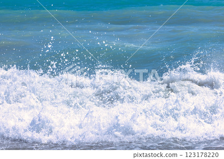 Nerja town, a resort of The Costa del Sol seaside region in Andalusia in the south of Spain. Ocean waves crashing on the shore, creating a frothy whitecap. Nerja town, a resort of The Costa del Sol seaside region in Andalusia in the south of Spain. Ocean waves crashing on the shore, creating a frothy whitecap. 123178220