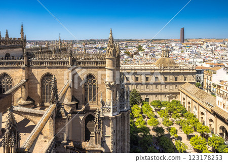 Seville town, capital of Andalusia in Spain. Panoramic view of a historic city with a cathedral and courtyard garden. Beautiful architecture and a sunny day. Seville town, capital of Andalusia in Spain. Panoramic view of a historic city with a cathedral and courtyard garden. Beautiful architecture and a sunny day. 123178253