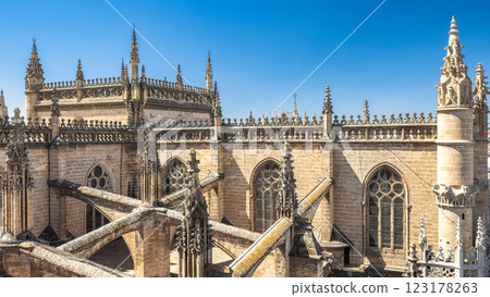 Seville Cathedral, The Cathedral of Saint Mary of the See in Seville town, Andalusia, Spain, Europe. Intricate rooftops of a historic cathedral under a clear blue sky. Seville Cathedral, The Cathedral of Saint Mary of the See in Seville town, Andalusia, Spain, Europe. Intricate rooftops of a historic cathedral under a clear blue sky. 123178263