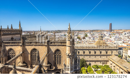 Seville town, capital of Andalusia in Spain. Panoramic view of a city with a cathedral rooftop, showcasing intricate architecture and a vast urban landscape under a clear blue sky. Seville town, capital of Andalusia in Spain. Panoramic view of a city with a cathedral rooftop, showcasing intricate architecture and a vast urban landscape under a clear blue sky. 123178274