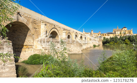 Roman bridge in Cordoba town in Spain. Ancient stone bridge spanning a river, with a historic building in the background under a clear blue sky. 123178276