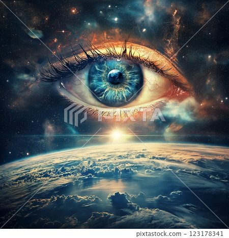 Giant space eye looking on earth planet 123178341