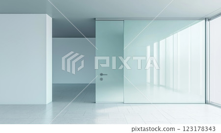 Modern interior with glass matte walls and door 123178343