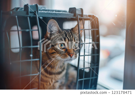 Curious tabby cat looking out from a pet carrier Curious tabby cat looking out from a pet carrier 123178471