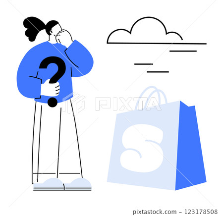 Person scratching their head with question mark in hand signifying confusion about shopping decision. Large blue shopping bag nearby with cloud above. Ideal for e-commerce, shopping, decision making Person scratching their head with question mark in hand signifying confusion about shopping decision. Large blue shopping bag nearby with cloud above. Ideal for e-commerce, shopping, decision making 123178508