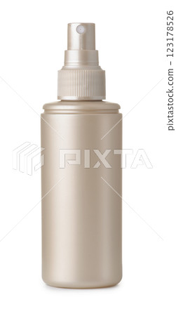 Front view of blank beige plastic spray bottle 123178526
