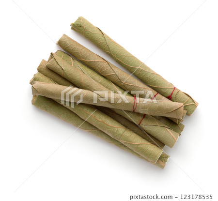 Top view of  handmade nicotine free herbal cigarettes 123178535