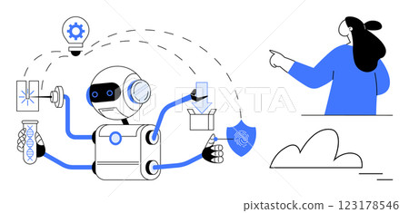 Multifunctional robot performing tasks like lighting, 3D printing, chemistry, delivery with a person supervising. Ideal for robotics, automation, technology, innovation, industrial applications Multifunctional robot performing tasks like lighting, 3D printing, chemistry, delivery with a person supervising. Ideal for robotics, automation, technology, innovation, industrial applications 123178546