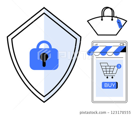 Shield with a lock, shopping bag with a tag and a smartphone screen displaying an online store with a purchase button. Ideal for e-commerce, data protection, online security, mobile shopping, digital 123178555