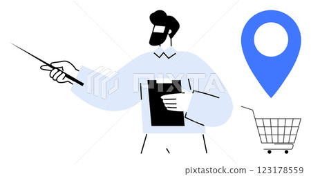 A man holding a clipboard points forward. Nearby, there are a location pin and a shopping cart. Ideal for business presentations, logistics, retail, navigation, and commerce. Simple modern style 123178559