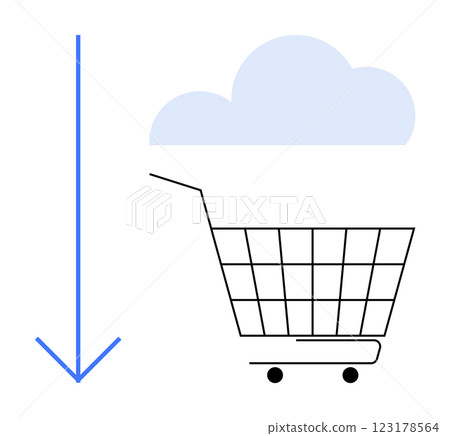 A blue download arrow points to a black shopping cart with a light blue cloud above it. Ideal for cloud computing, online shopping, digital downloads, e-commerce, technology integration. Simple A blue download arrow points to a black shopping cart with a light blue cloud above it. Ideal for cloud computing, online shopping, digital downloads, e-commerce, technology integration. Simple 123178564