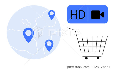 Blue location markers on a globe with HD video symbol and shopping cart. Ideal for e-commerce, online shopping, global business, video streaming, and digital maps. Minimalist modern style Blue location markers on a globe with HD video symbol and shopping cart. Ideal for e-commerce, online shopping, global business, video streaming, and digital maps. Minimalist modern style 123178565