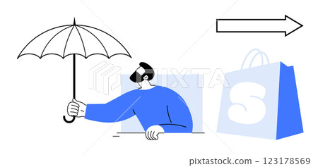 Man holding umbrella while looking ahead with shopping bag and arrow pointing right. Ideal for protection in shopping, direction, guidance, sales, and e-commerce. Simple vector style in blue Man holding umbrella while looking ahead with shopping bag and arrow pointing right. Ideal for protection in shopping, direction, guidance, sales, and e-commerce. Simple vector style in blue 123178569