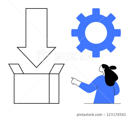 Box with downward arrow, blue gear symbol, and person pointing. Ideal for user guides, tech support, productivity, software tutorials, e-commerce. Clean modern simple style 123178581