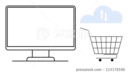 A monitor and shopping cart are outlined in black on a white background. Above the cart is a cloud with data transfer arrows. Ideal for online shopping, cloud computing, e-commerce, digital 123178590