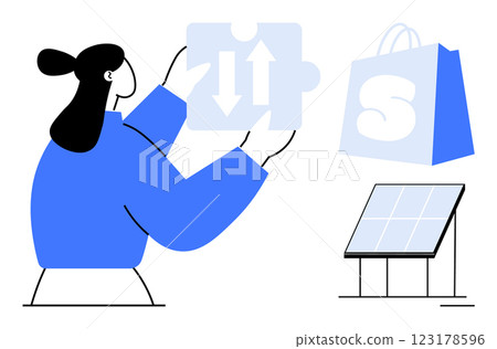 Woman holding a puzzle piece with arrows. Solar panel and shopping bag visible beside her. Ideal for renewable energy, e-commerce, problem-solving, energy efficiency, and sustainability. Simple Woman holding a puzzle piece with arrows. Solar panel and shopping bag visible beside her. Ideal for renewable energy, e-commerce, problem-solving, energy efficiency, and sustainability. Simple 123178596