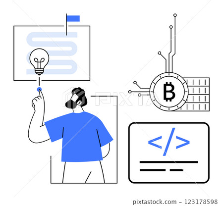 Man pointing at a lightbulb, a Bitcoin symbol connected to circuitry, and coding symbols. Ideal for blockchain, cryptocurrency, coding, development, and innovation Man pointing at a lightbulb, a Bitcoin symbol connected to circuitry, and coding symbols. Ideal for blockchain, cryptocurrency, coding, development, and innovation 123178598