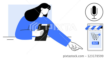 Woman using a tablet pointing to a mobile device with a shopping cart icon and buy button. Microphone symbol at the top. Ideal for online shopping, e-commerce, mobile applications, digital marketing Woman using a tablet pointing to a mobile device with a shopping cart icon and buy button. Microphone symbol at the top. Ideal for online shopping, e-commerce, mobile applications, digital marketing 123178599
