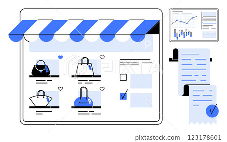 Online storefront displaying handbags and product details. Includes analytics chart and receipts. Ideal for e-commerce, online retail, business analytics, digital marketing, customer transactions 123178601