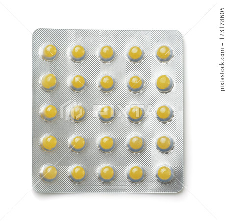 Top view of round yellow capsules in blister pack Top view of round yellow capsules in blister pack 123178605